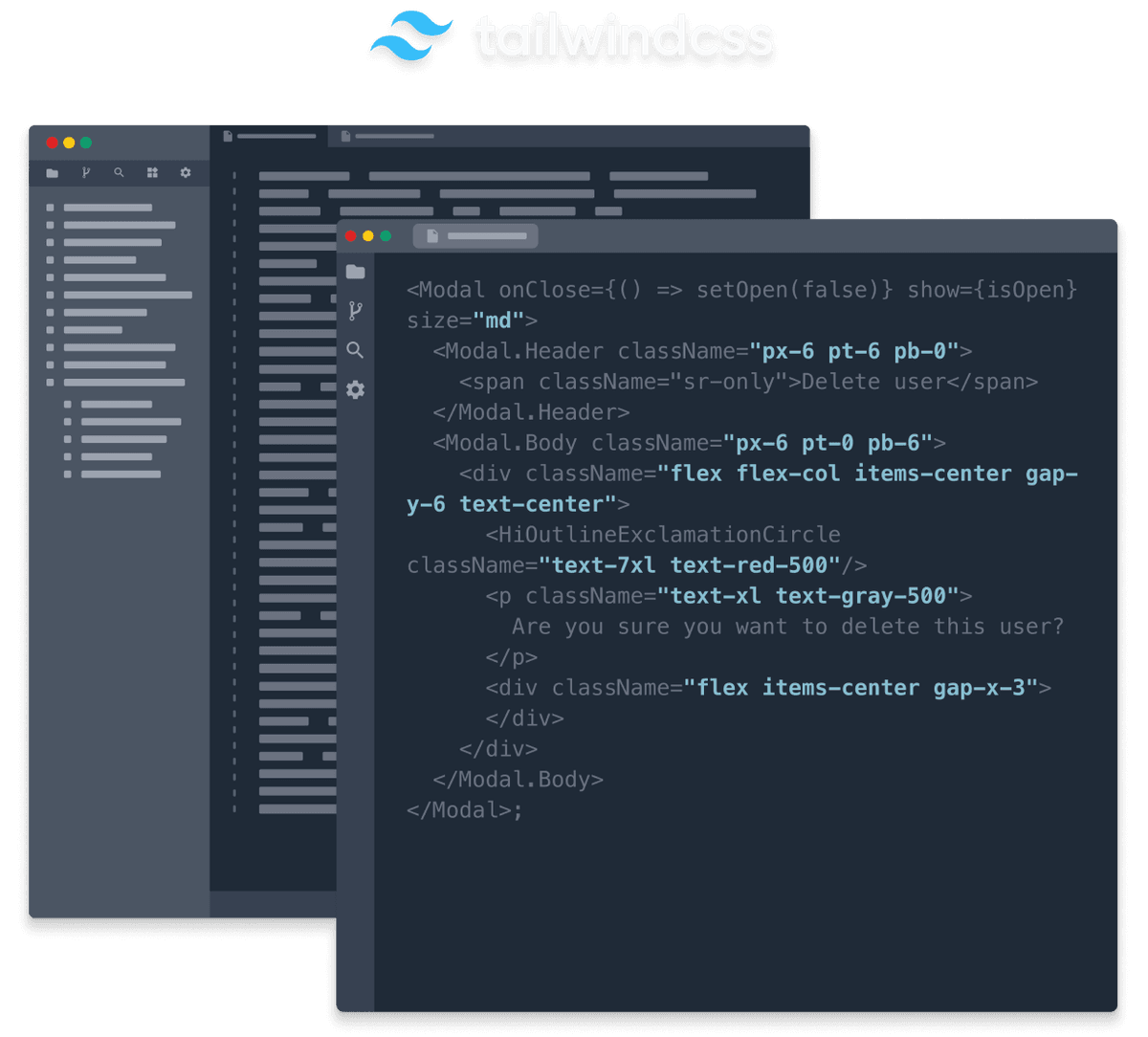 Tailwind CSS with React code (dark mode)